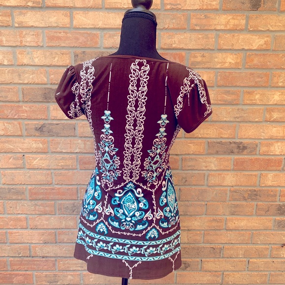 Judy Knapp Brown/Turquoise Blouse (M) with Elastic Bodice and Capped Sleeves - Picture 2 of 6